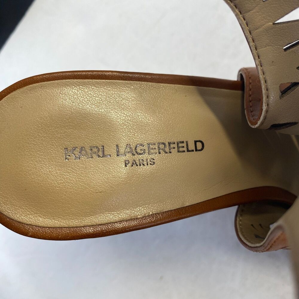 Karl Lagerfeld Rennes Laser Cut Caged Block Leather Peep Toe Buckle Heels 7.5 M - Picture 13 of 13